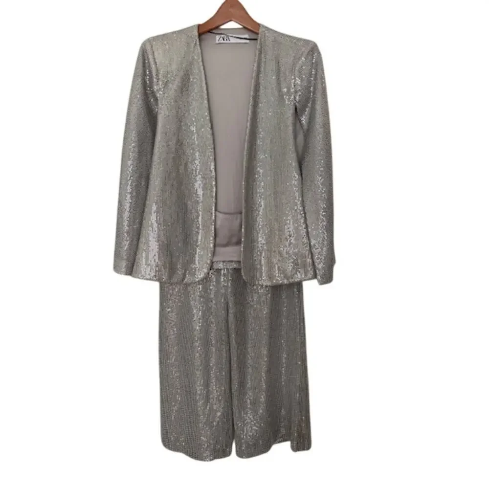 Zara Silver Sequin Cape & High-Rise Culottes Cropped Pants Set NWT- Size S - Picture 5 of 12